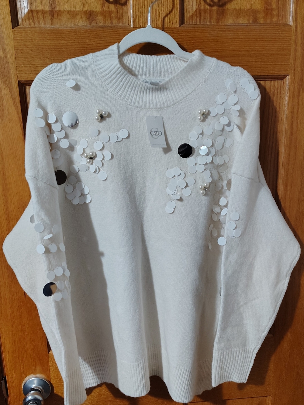 Cato Cream Sequin & Pearl Embellished Crewneck Sweater